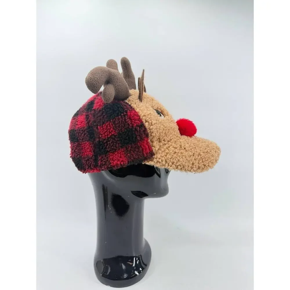 Reindeer Christmas Plush Hat One Size Holiday Time Brown Red Adult